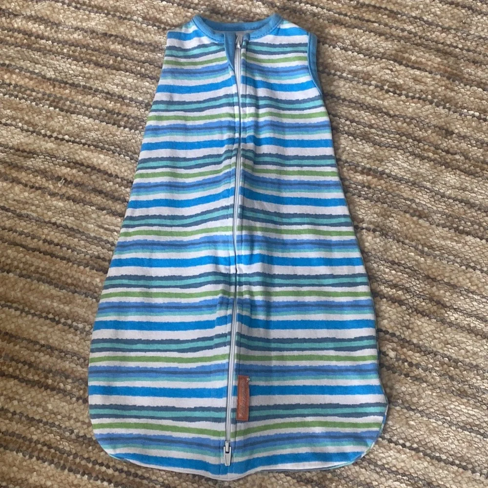 SwaddleMe Sleeveless Blue Green White Striped Zip Up Sleep Sack Swaddle SM